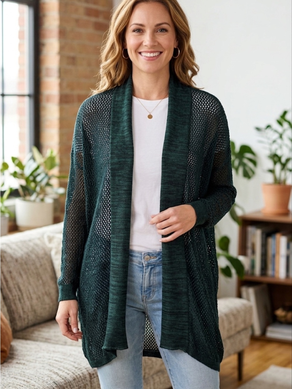 Cable & Gauge Women’s Open-Front Mesh-Knit Flyaway Cardigan Size Large